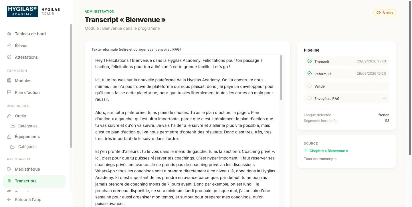 Back-office de relecture d'un transcript, avec le pipeline transcrit, reformulé, validé, envoyé au RAG